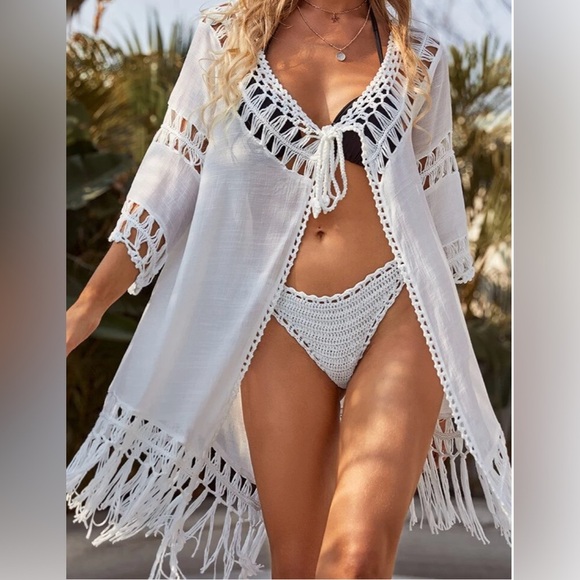 RoomMates Boho White Crocheted Fringe Open Front Cardigan Cover Up Size Large - Picture 1 of 13
